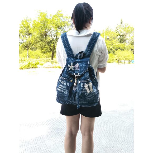 8097 Fashion Denim Backpack Purse Jean Bags With Rhinestones Decorations